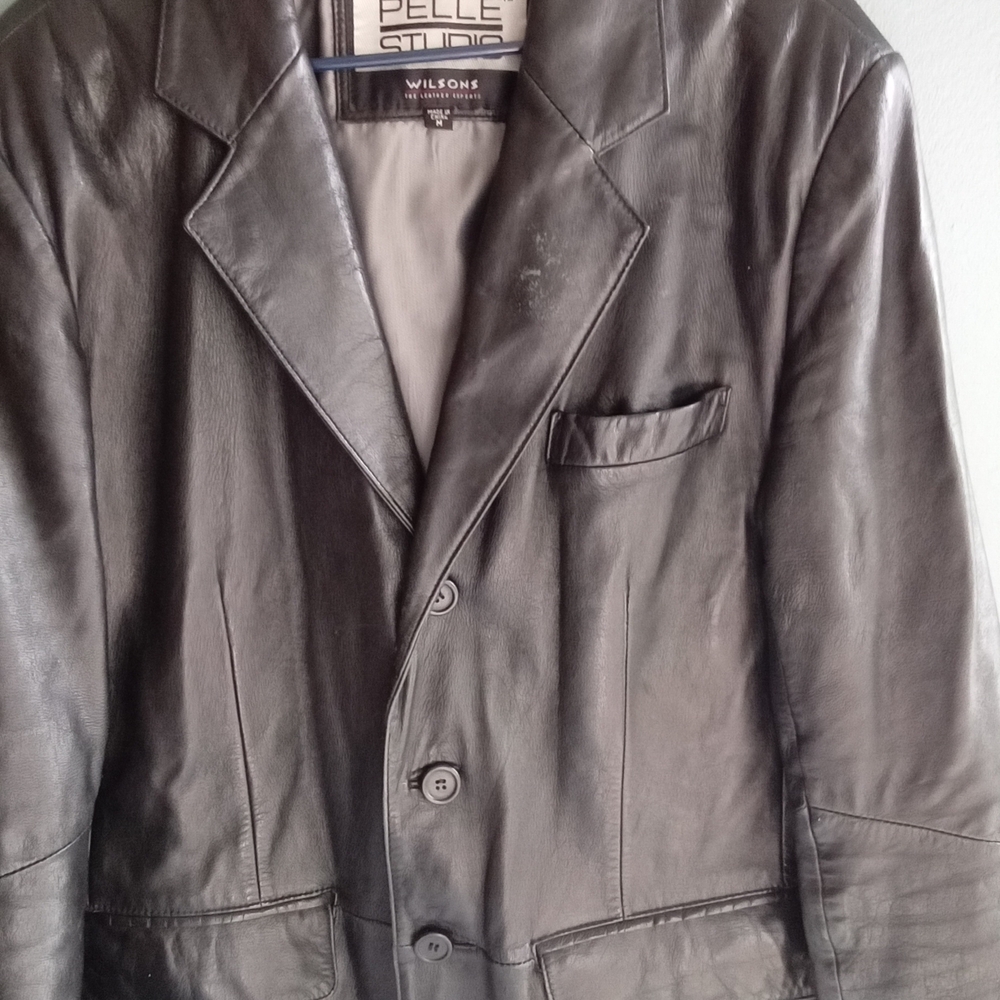 Wilsons Leather Pelle Studio Mens Black Leather Blazer Jacket 3-Button Medium